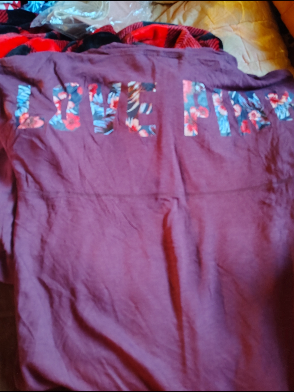 Pink Victoria Secret Women's Floral Lettering Long-Sleeve Top - Burgundy